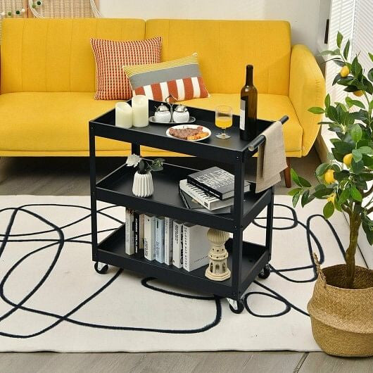 3-Tier Utility Cart Rolling Metal Cart with Handle and Universal Wheels-Black