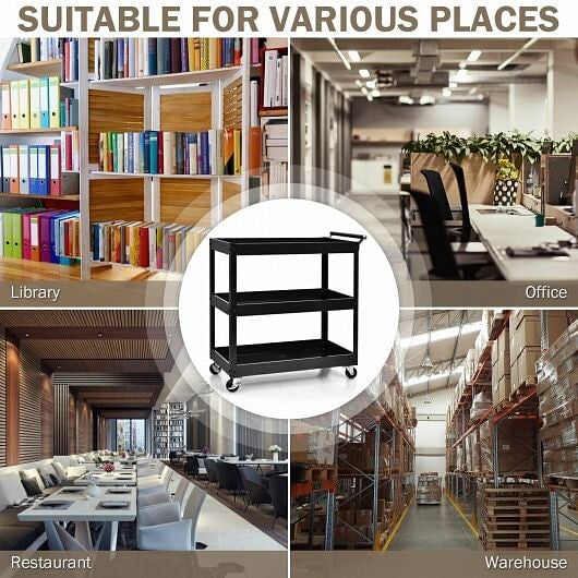 3-Tier Utility Cart Rolling Metal Cart with Handle and Universal Wheels-Black