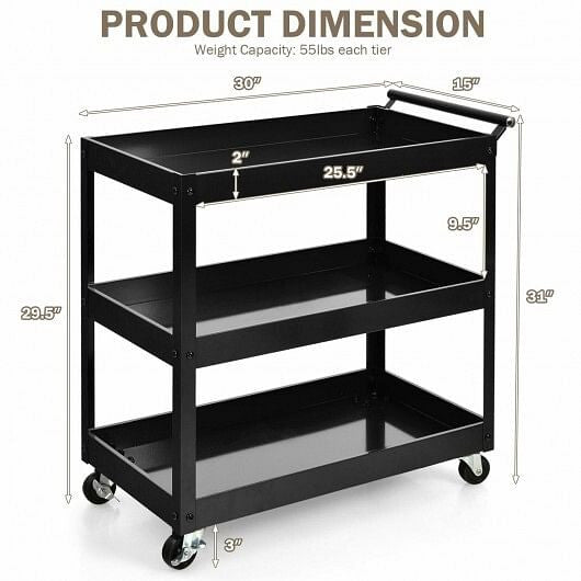 3-Tier Utility Cart Rolling Metal Cart with Handle and Universal Wheels-Black