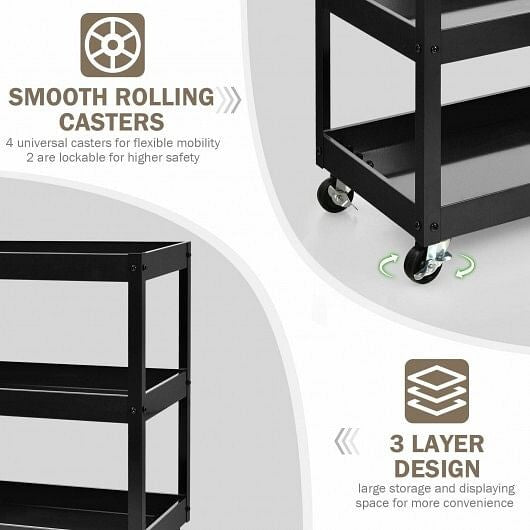 3-Tier Utility Cart Rolling Metal Cart with Handle and Universal Wheels-Black
