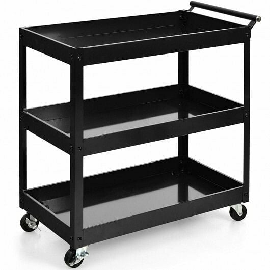 3-Tier Utility Cart Rolling Metal Cart with Handle and Universal Wheels-Black