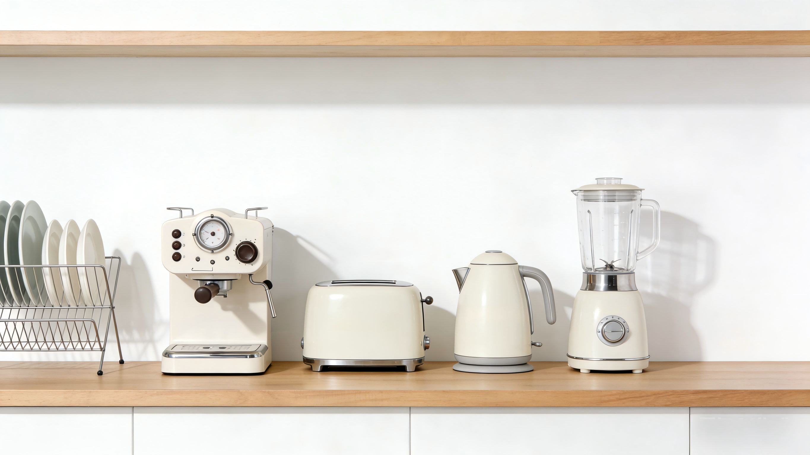 Set of kitchen appliances including a coffee machine, toaster, kettle, and blender on a wooden shelf.